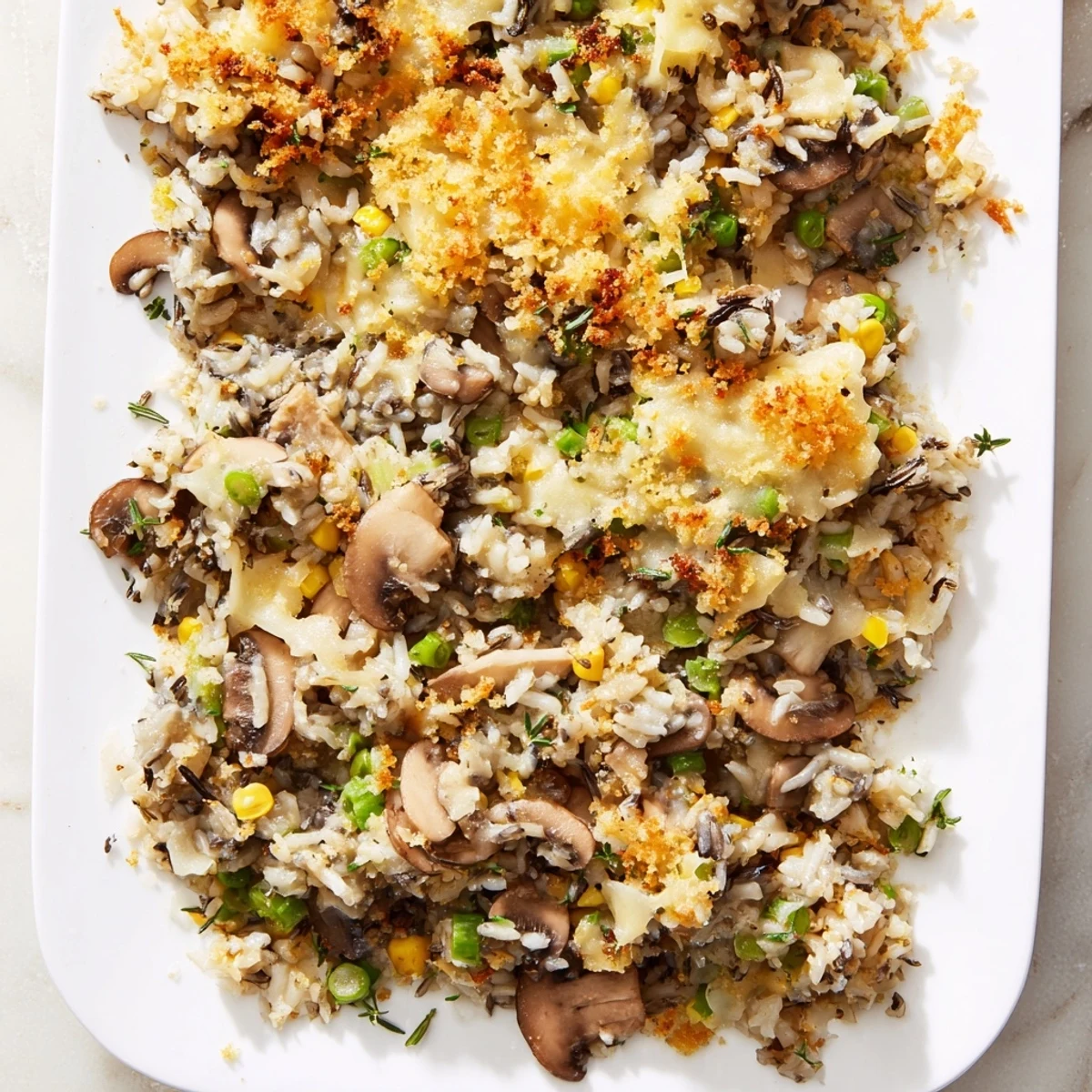 Golden-brown Creamy Mushroom and Wild Rice Casserole, bubbly and ready to serve for a comforting dinner.
