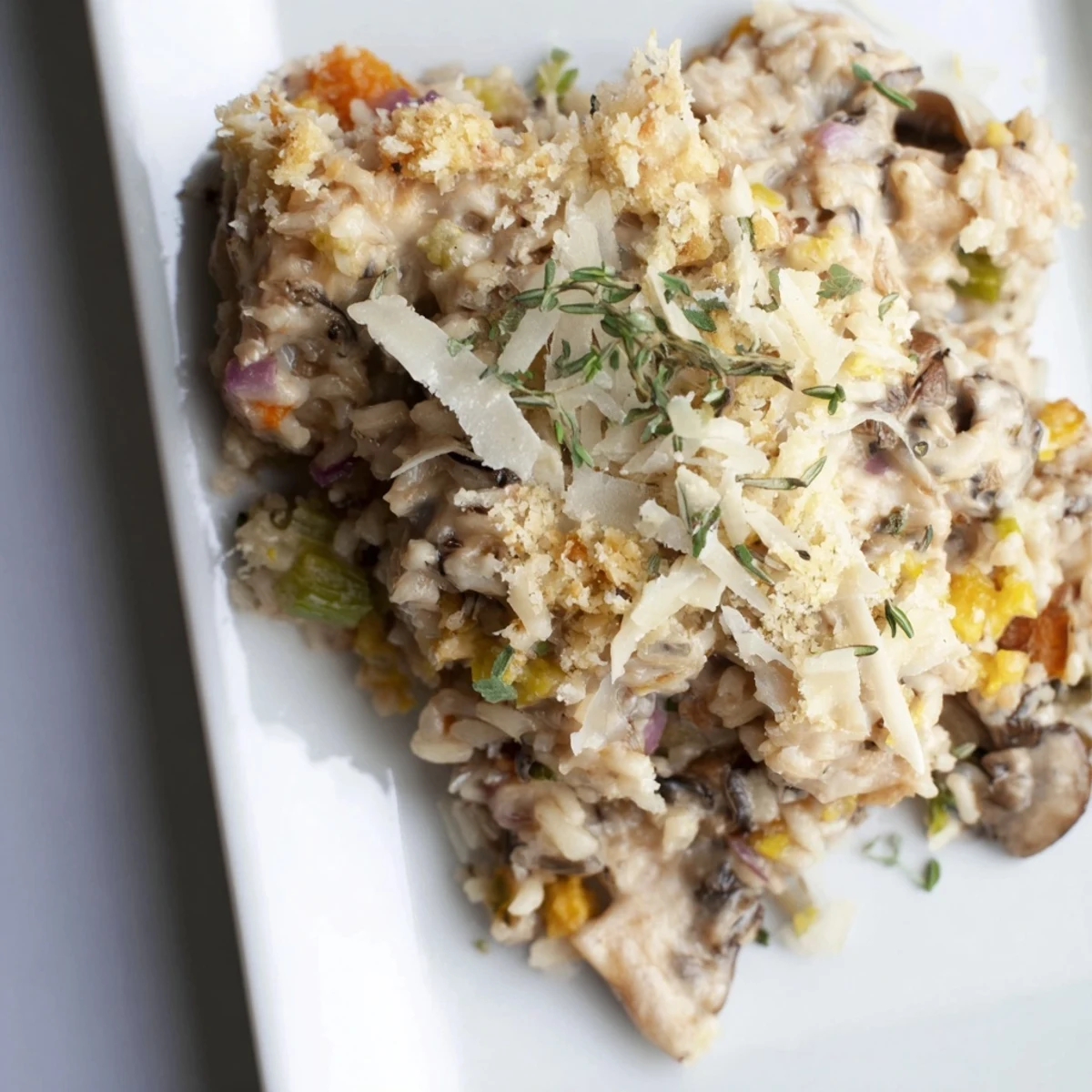A warm bowl of Creamy Mushroom and Wild Rice Casserole, showcasing mushrooms and wild rice in a flavorful sauce.
