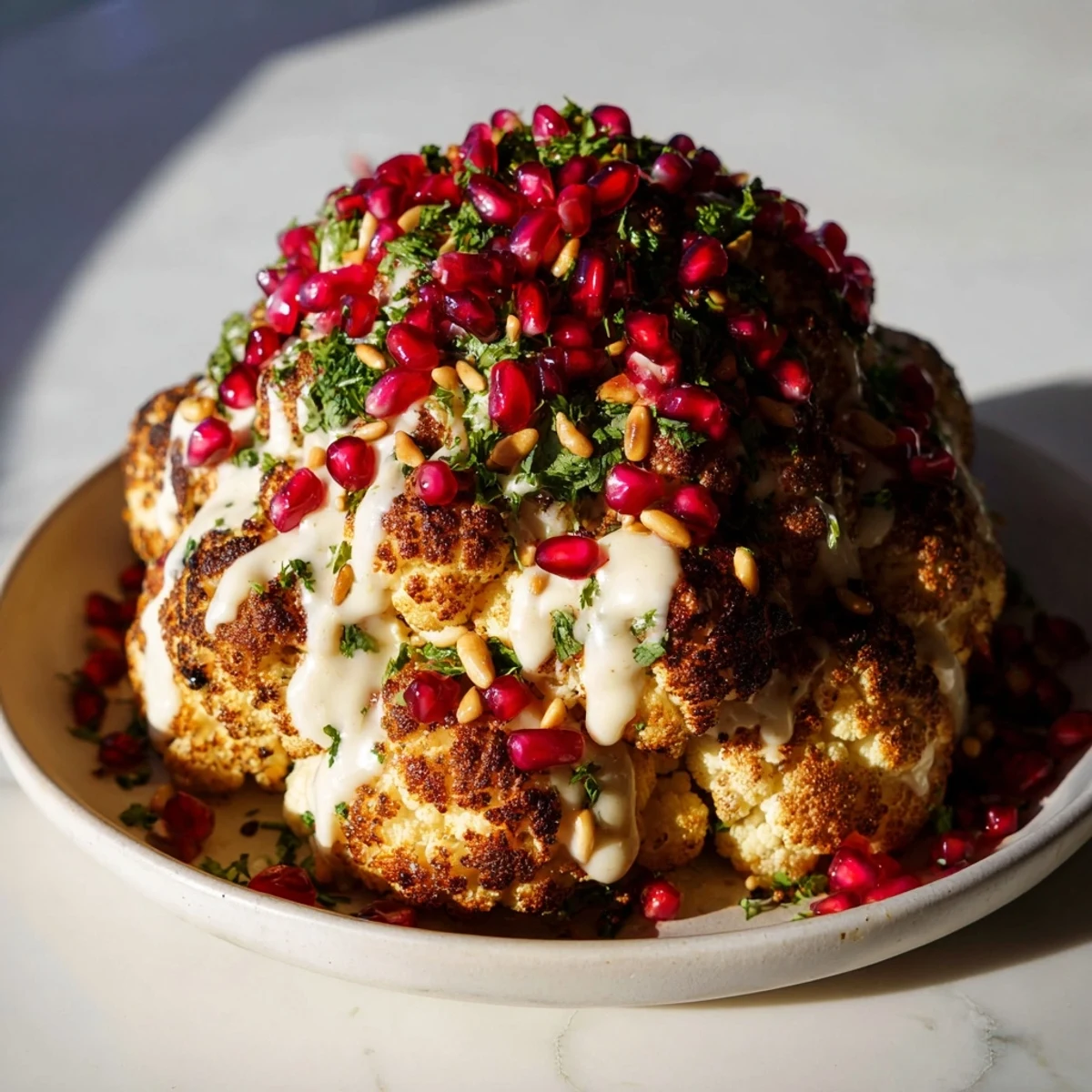 Golden-brown whole roasted cauliflower with tahini glaze, a flavorful and easy vegan main.
