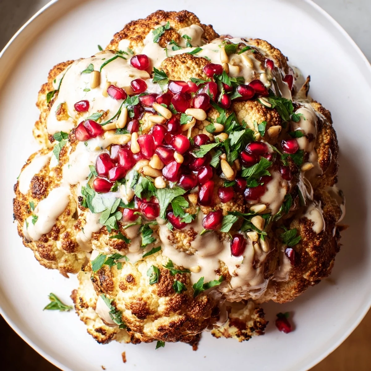 This roasted cauliflower is beautifully drizzled with tahini glaze and garnished with parsley.