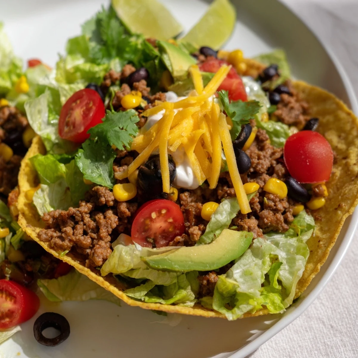 A close-up of a Beef Taco Salad in Tortilla Bowl, brimming with fresh, colorful ingredients.