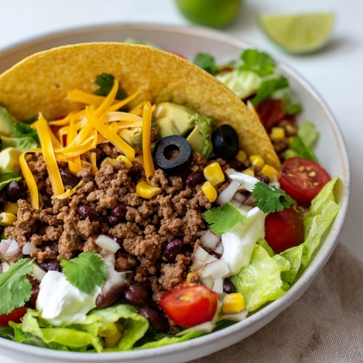 Delicious Beef Taco Salad in a Tortilla Bowl is layered with seasoned beef, crunchy veggies, and creamy toppings.