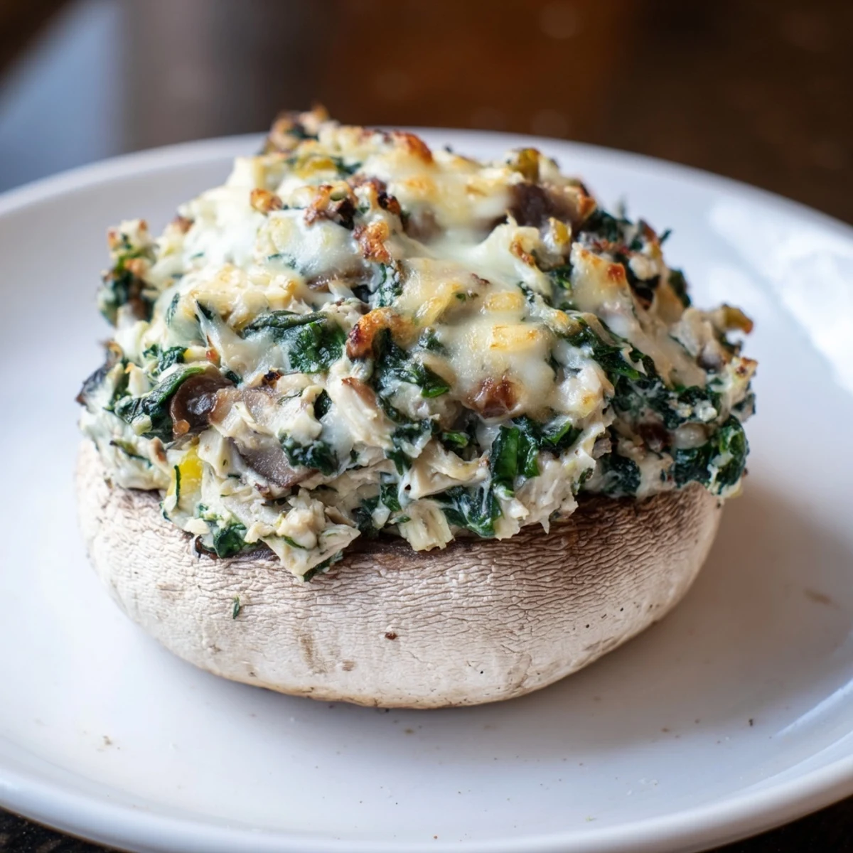 Golden-brown Cheesy Spinach Artichoke Stuffed Mushrooms boast a bubbling cheese topping, savory and delicious.