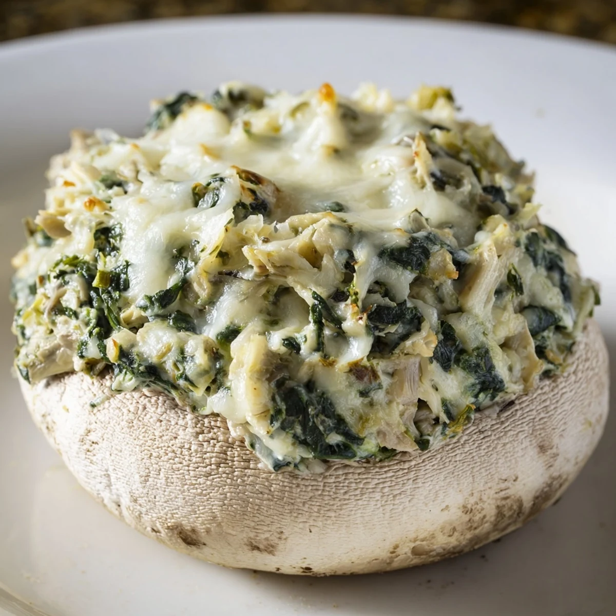 Mouthwatering close-up of Cheesy Spinach Artichoke Stuffed Mushrooms, ready to be enjoyed as a tasty appetizer.