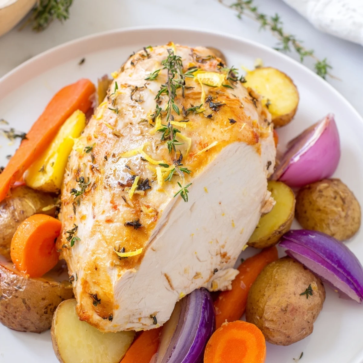 Sheet Pan Lemon Herb Roasted Turkey Breast with golden skin, served with roasted vegetables.