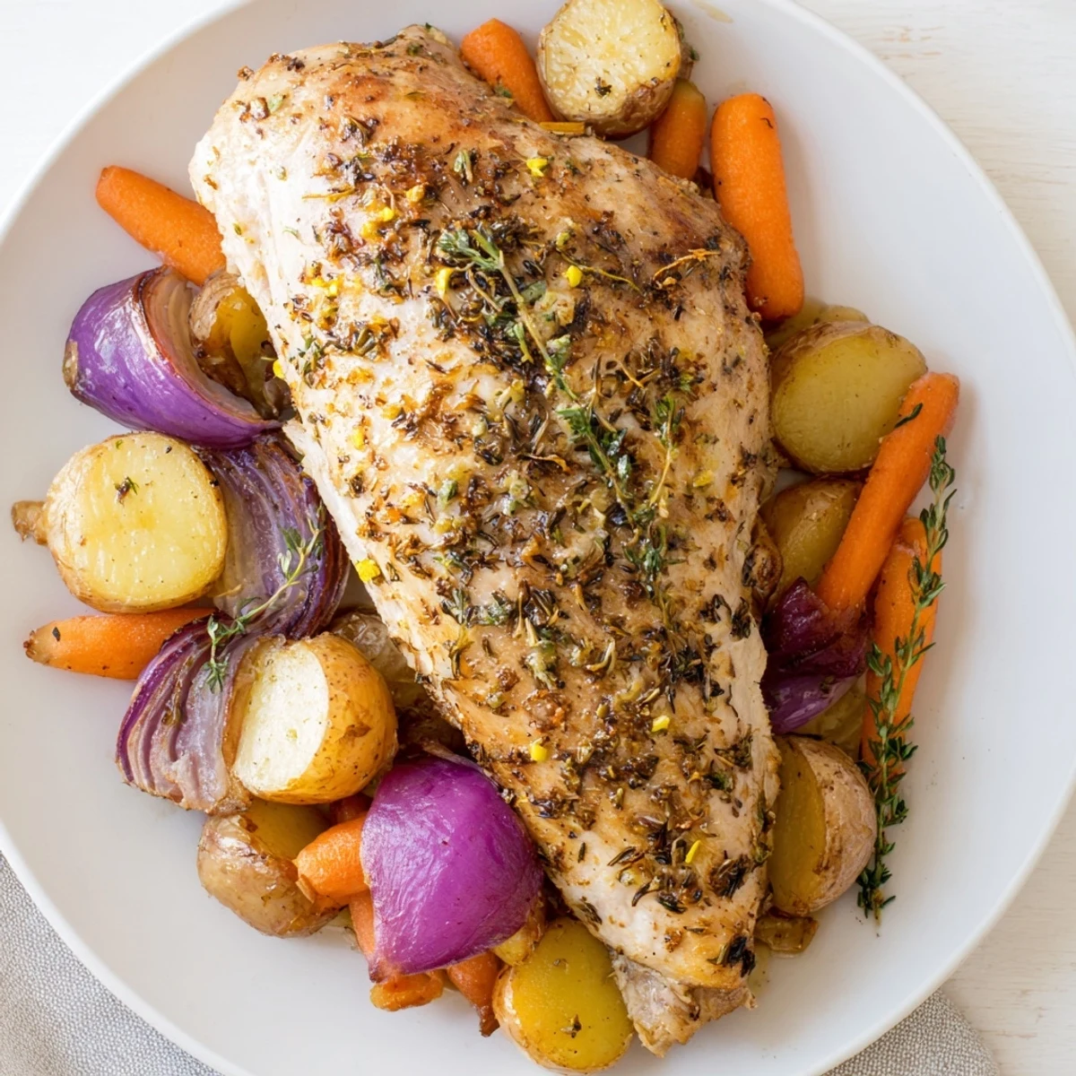 Vibrant image of Sheet Pan Lemon Herb Roasted Turkey Breast, surrounded by tender roasted potatoes and carrots.