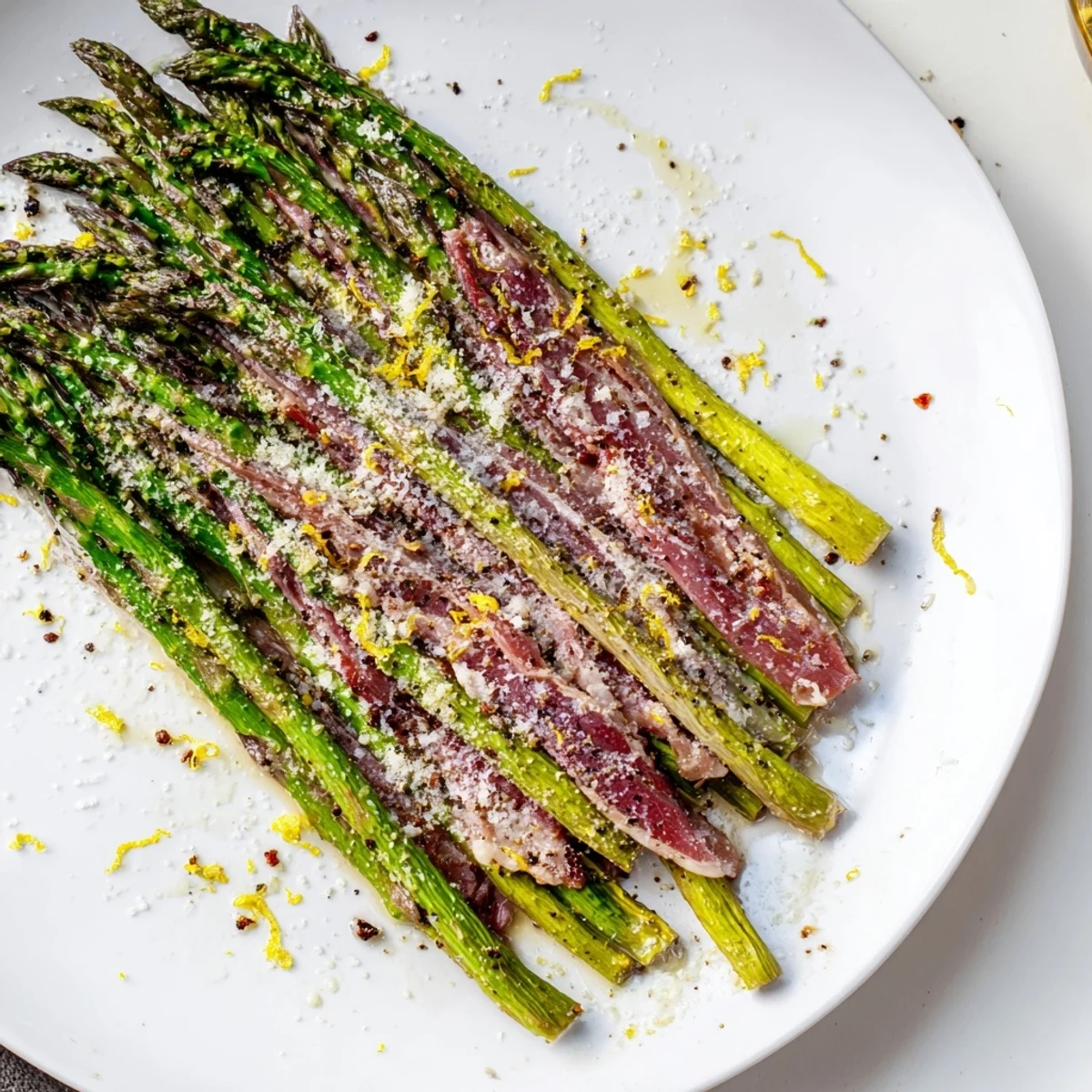 Savory Crispy Beef Bacon Wrapped Asparagus, ready to eat after it's been roasted perfectly.