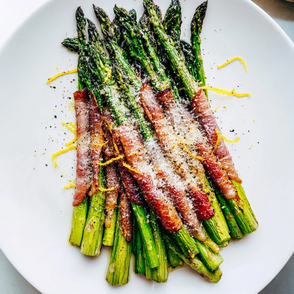 Perfect for a party: freshly made Crispy Beef Bacon Wrapped Asparagus, garnished with Parmesan.
