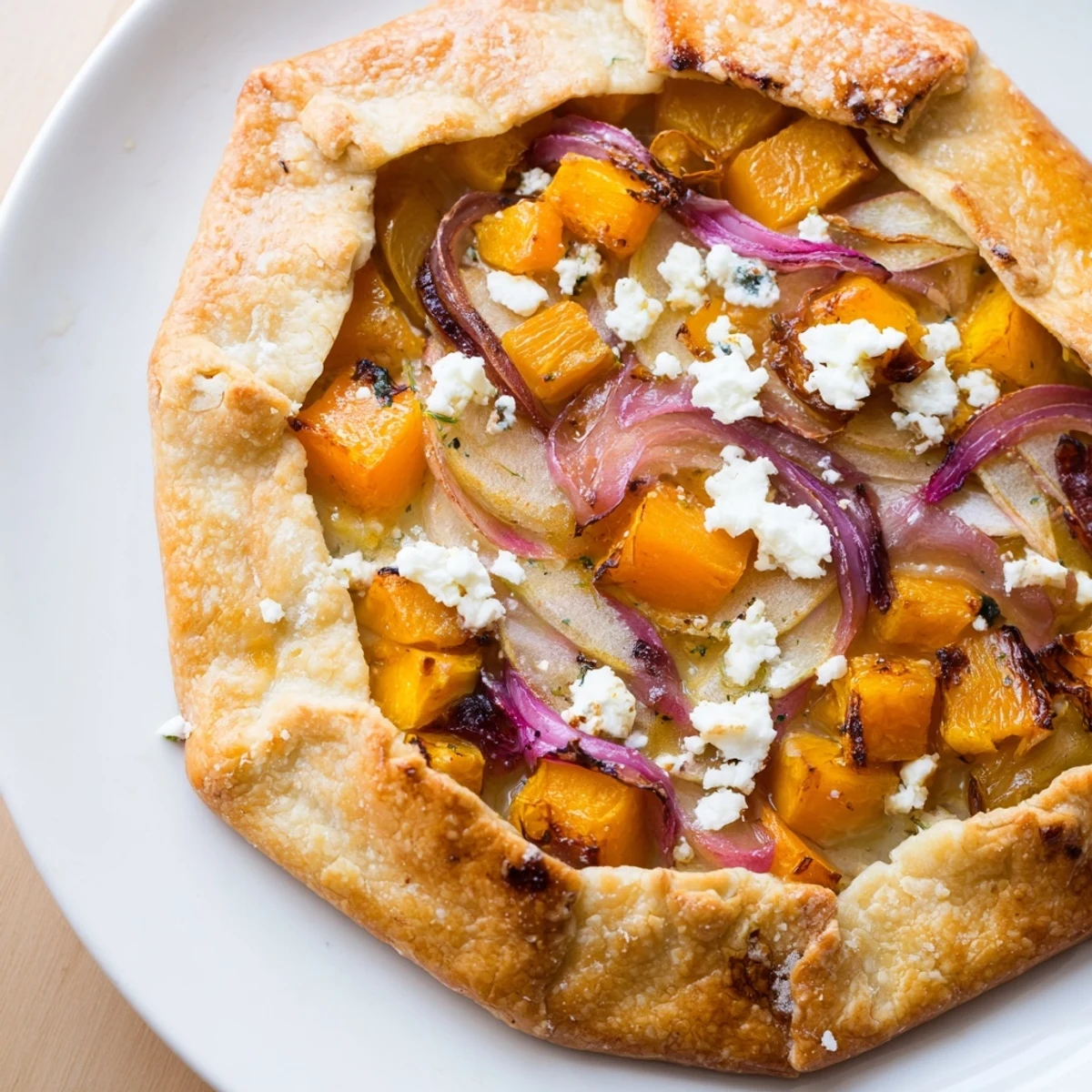 Golden, flaky crust encases warm, caramelized Roasted Butternut Squash and Apple Galette, ready to eat.