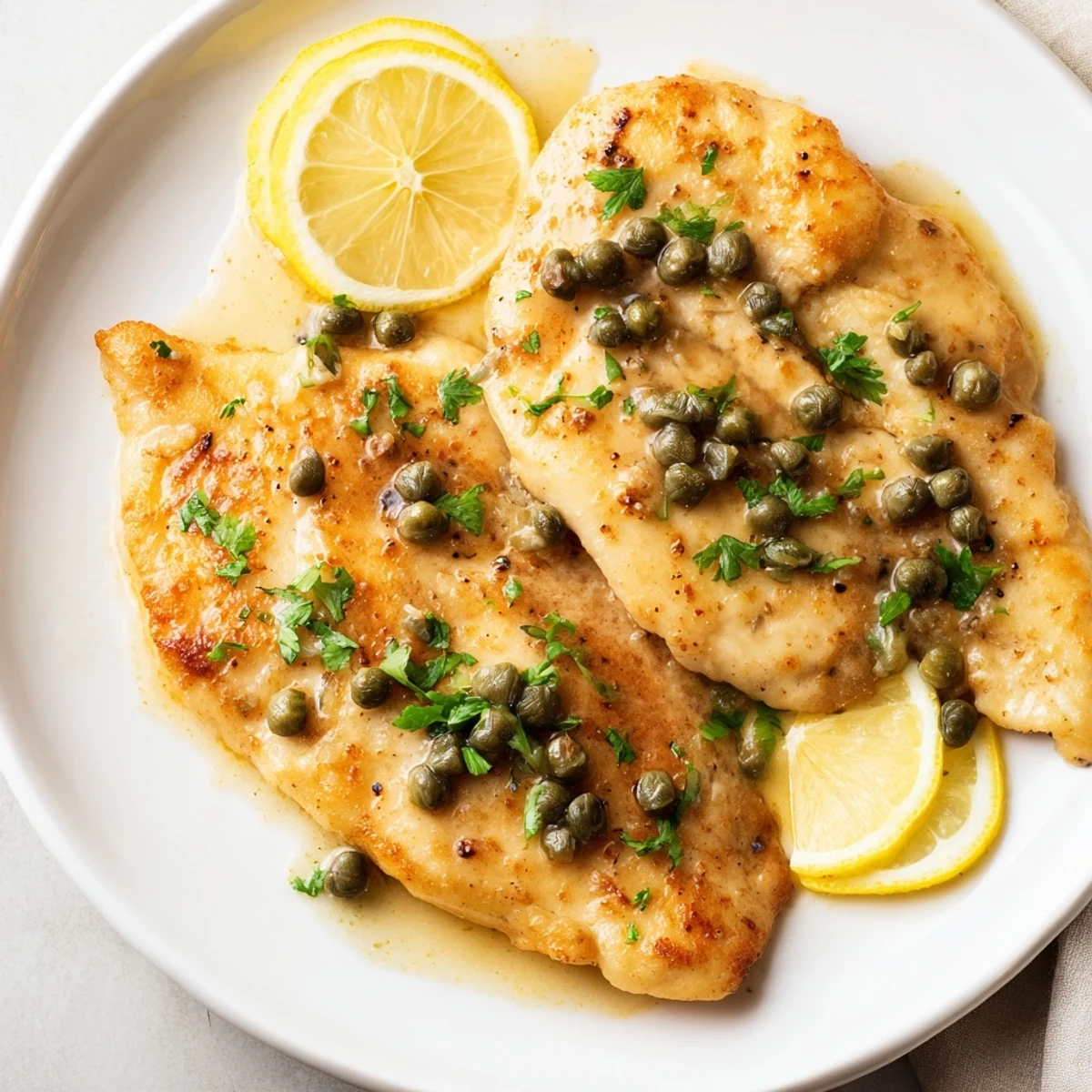 Golden-brown chicken piccata cutlets swimming in a bright, lemony caper sauce, ready to savor.