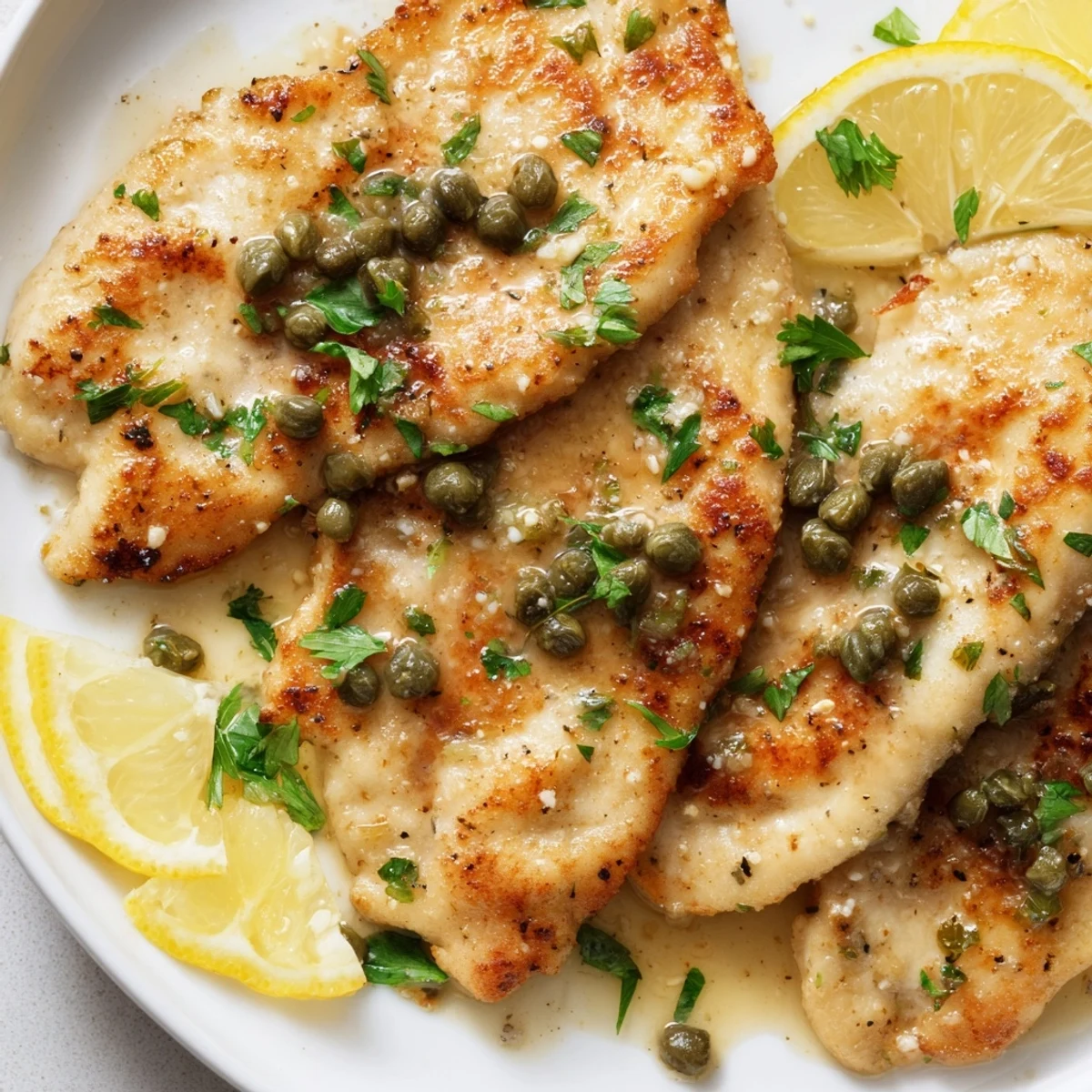 A close-up view of freshly cooked chicken piccata, showcasing the tangy sauce and juicy chicken.