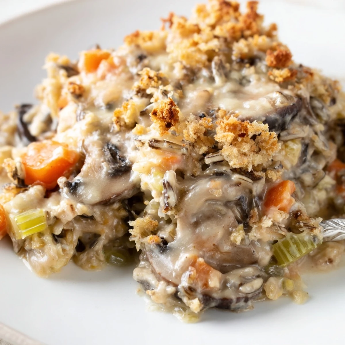 Golden brown, crunchy panko topping on a creamy mushroom and wild rice casserole, fresh from the oven.