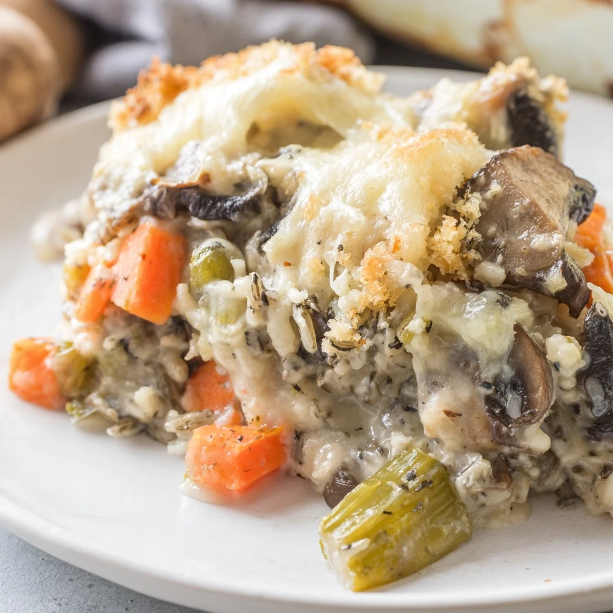 A casserole dish of creamy mushroom and wild rice casserole with melted cheese and fresh parsley.