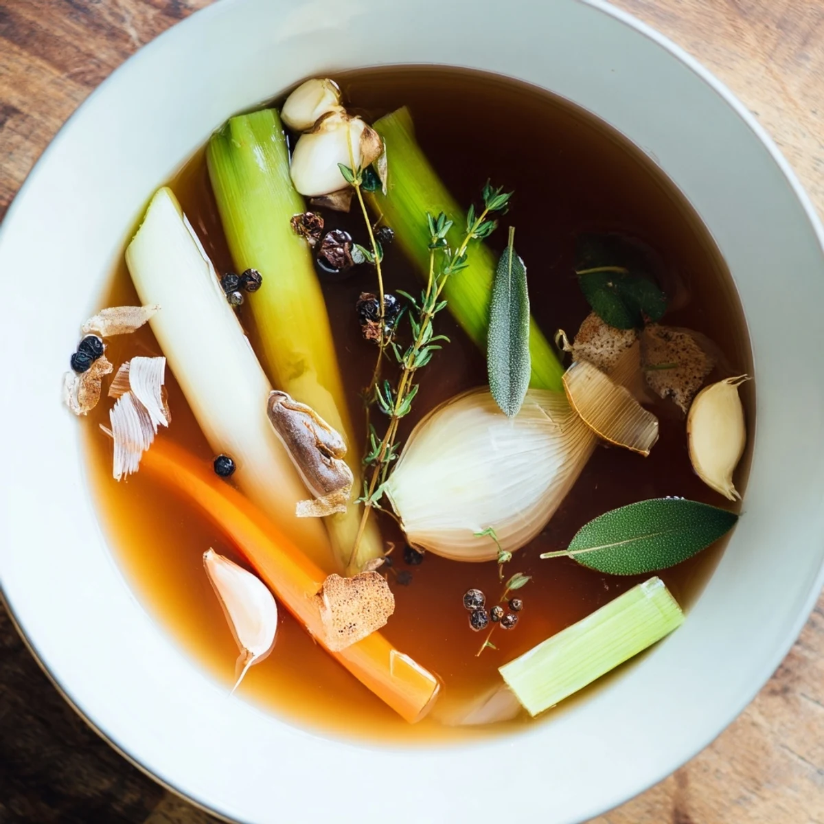 Golden Homemade Vegetable Broth simmering in a pot, crafted from kitchen scraps like onion peels and carrot ends for a rich, savory base.