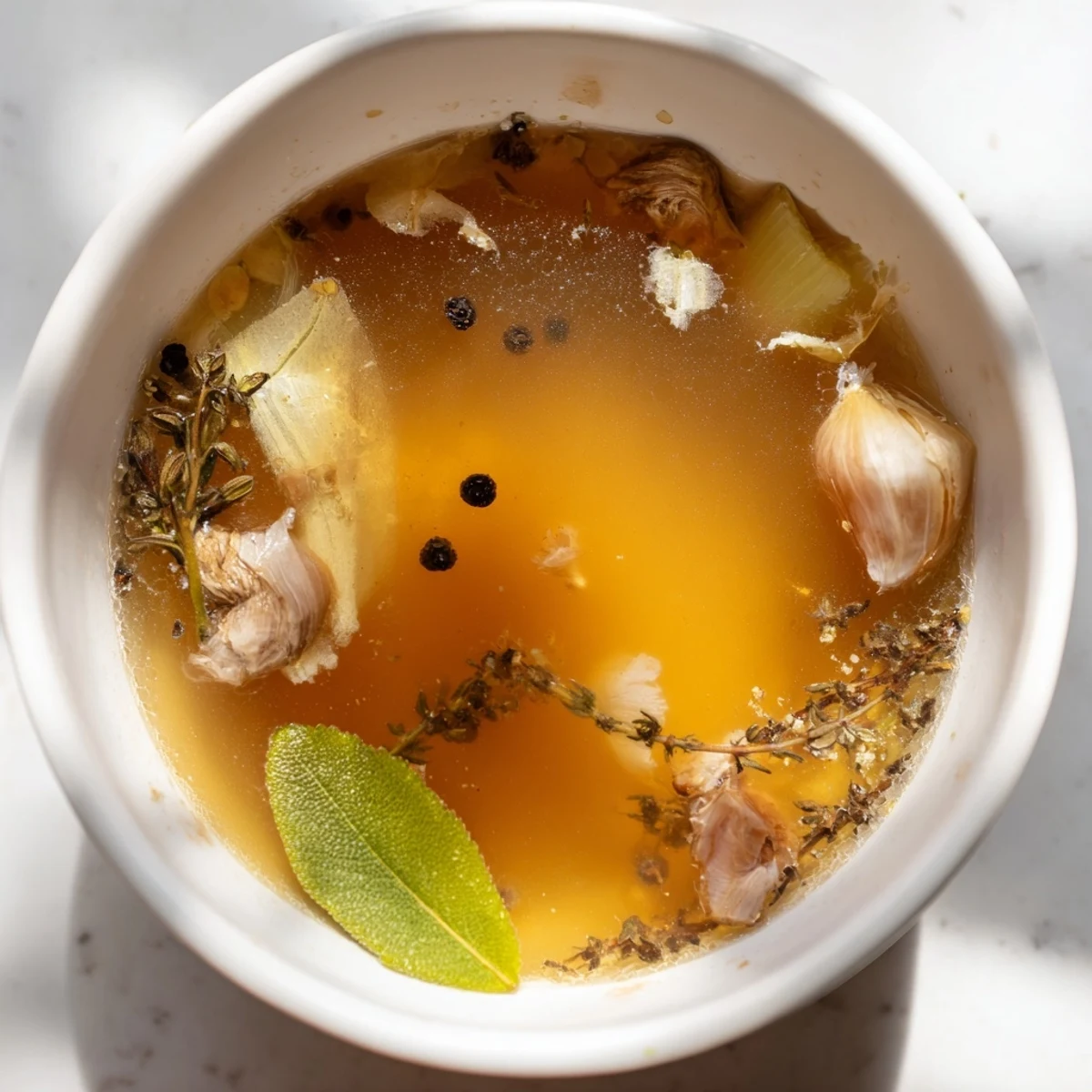 A steaming bowl of clear Homemade Vegetable Broth garnished with fresh parsley, showcasing a flavorful, waste-reducing liquid for everyday cooking.