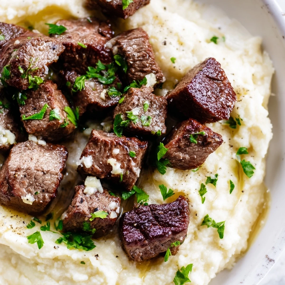 Garlic Butter Steak Bites with Mashed Potatoes served steaming hot on a rustic plate with a pat of butter melting on top.