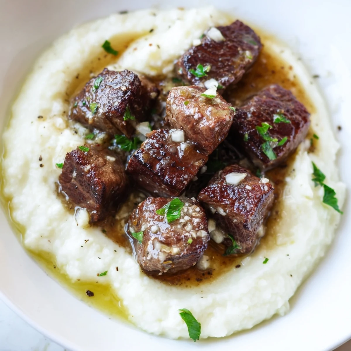 Comforting Garlic Butter Steak Bites with Mashed Potatoes plated with a fork, perfect for a hearty weeknight American dinner.