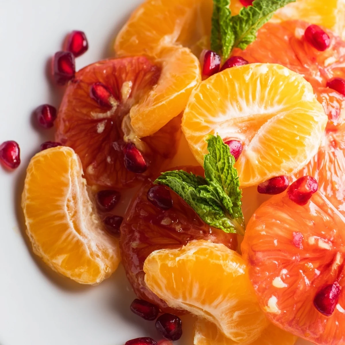 Brightly colored Winter Citrus Fruit Salad with blood orange slices, grapefruit, and pomegranate seeds on a white platter, drizzled with honey lime dressing.