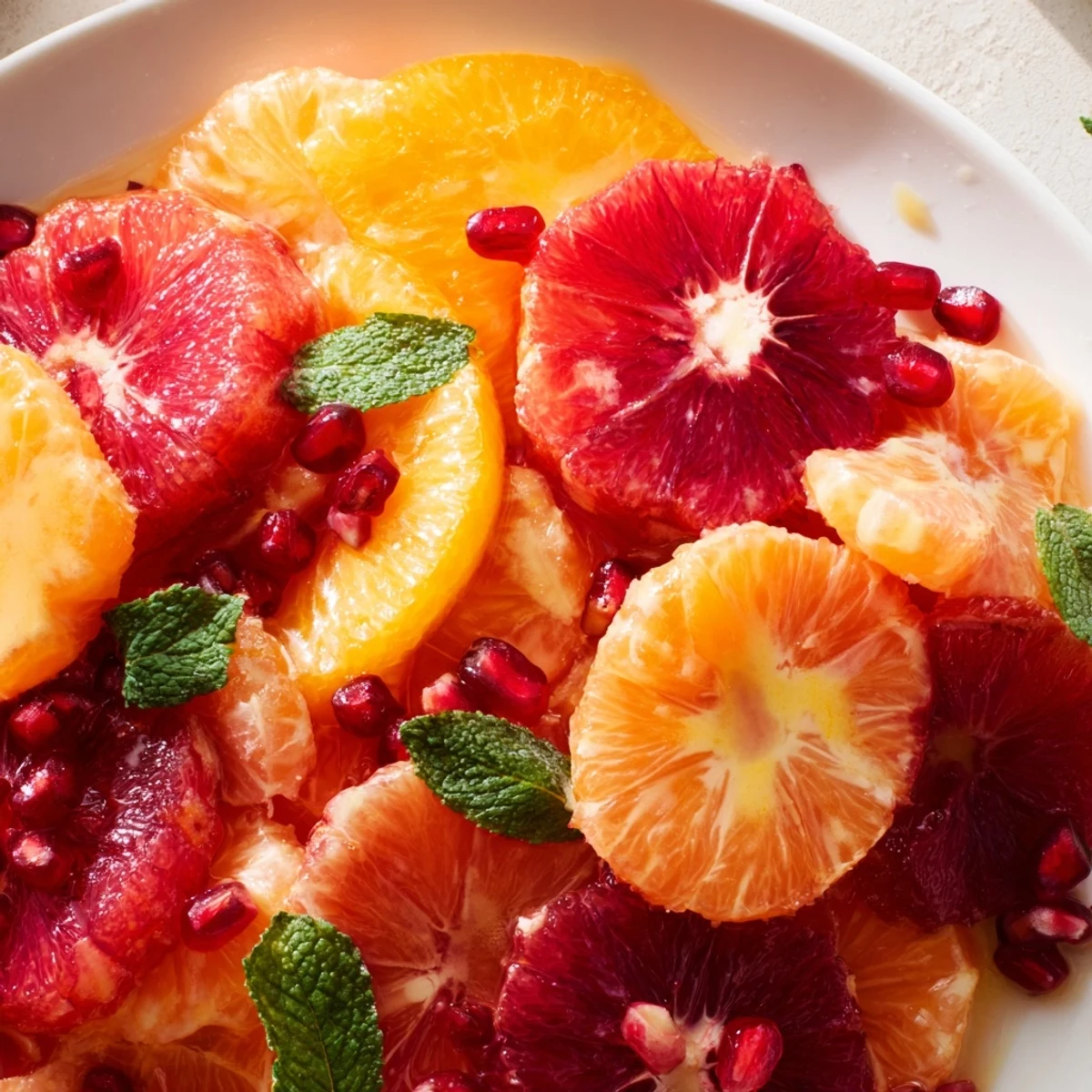 Freshly prepared Winter Citrus Fruit Salad featuring juicy orange and grapefruit segments, tossed with torn mint leaves and a sweet-tart honey lime vinaigrette.