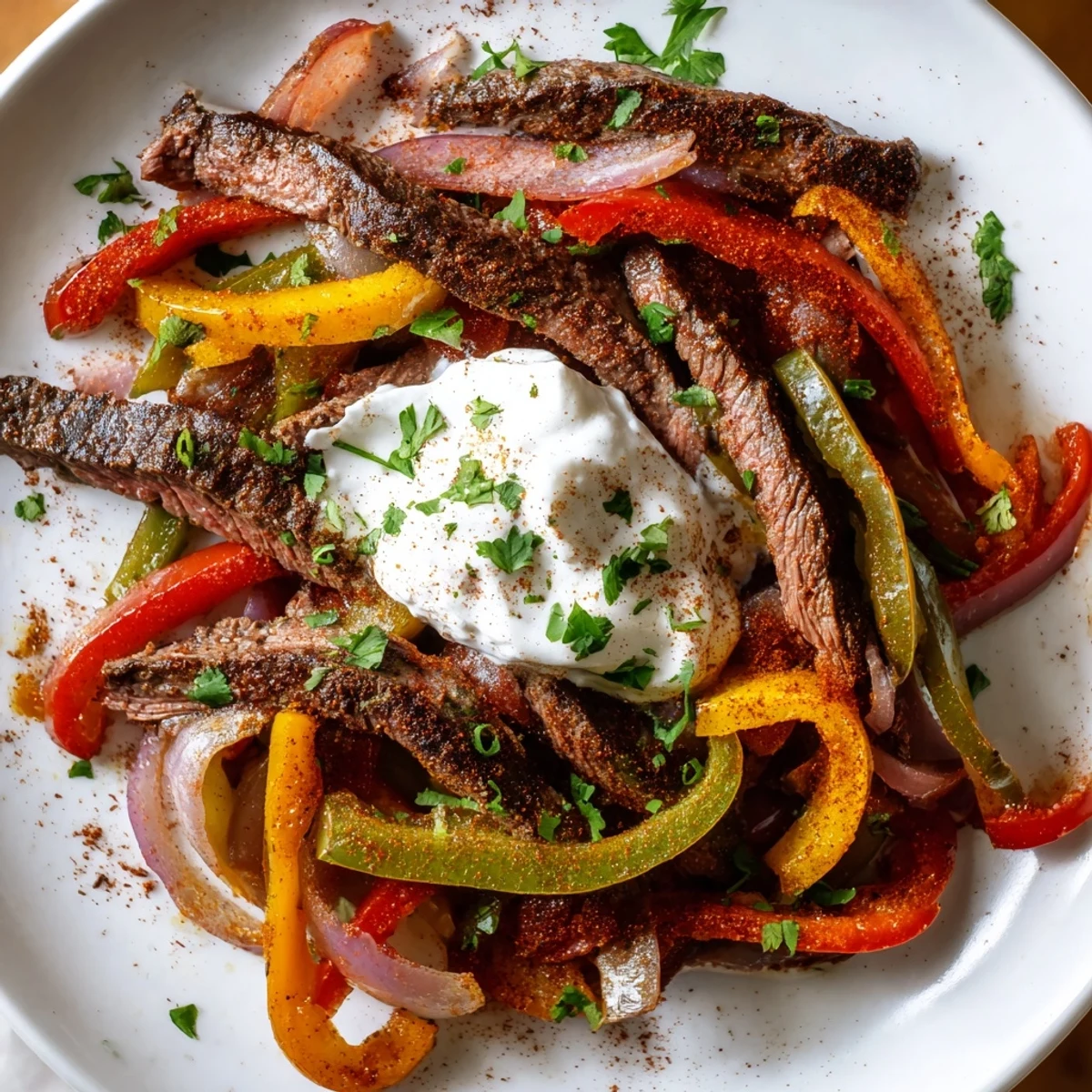 Golden-brown Sheet Pan Steak Fajitas with Bell Peppers roast with charred edges on a dark sheet pan.