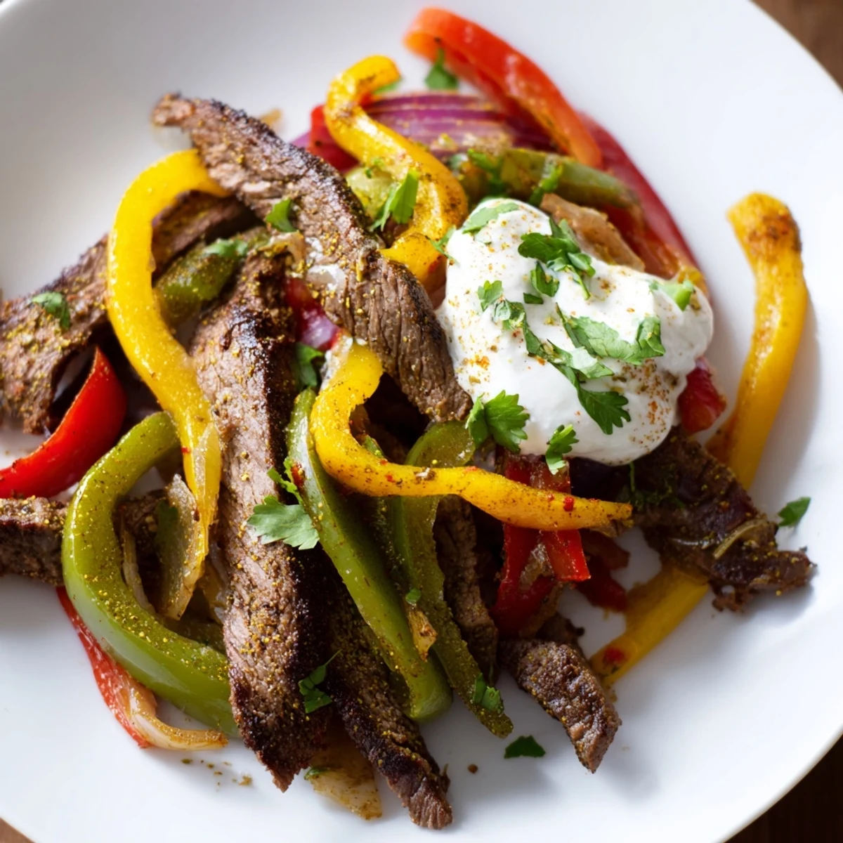 Serve the Sheet Pan Steak Fajitas with warm corn tortillas, fresh cilantro, lime wedges, and creamy avocado.