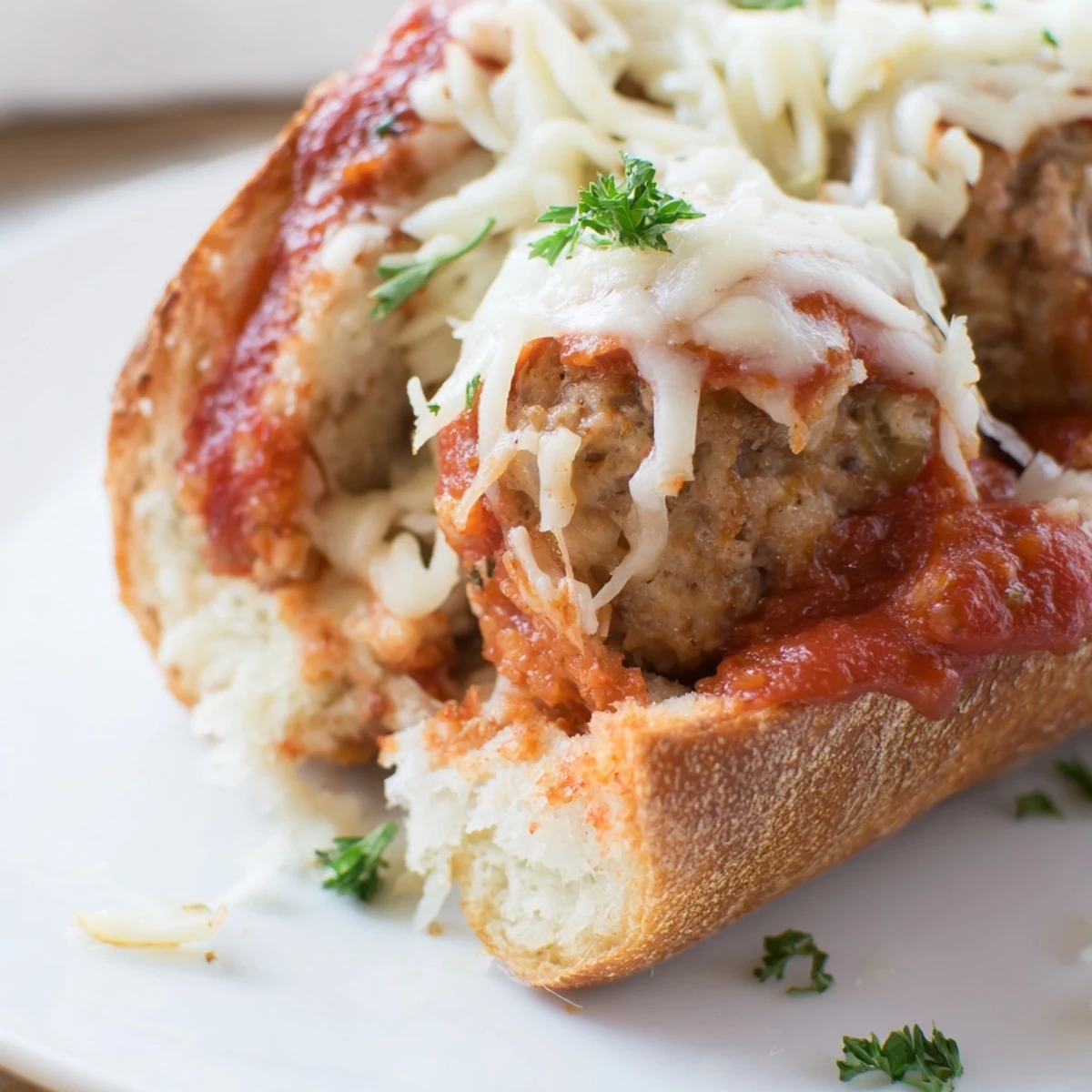 Four warm Turkey Meatball Subs with Marinara and Mozzarella arranged on a platter, ready for a family-style Italian-American dinner.
