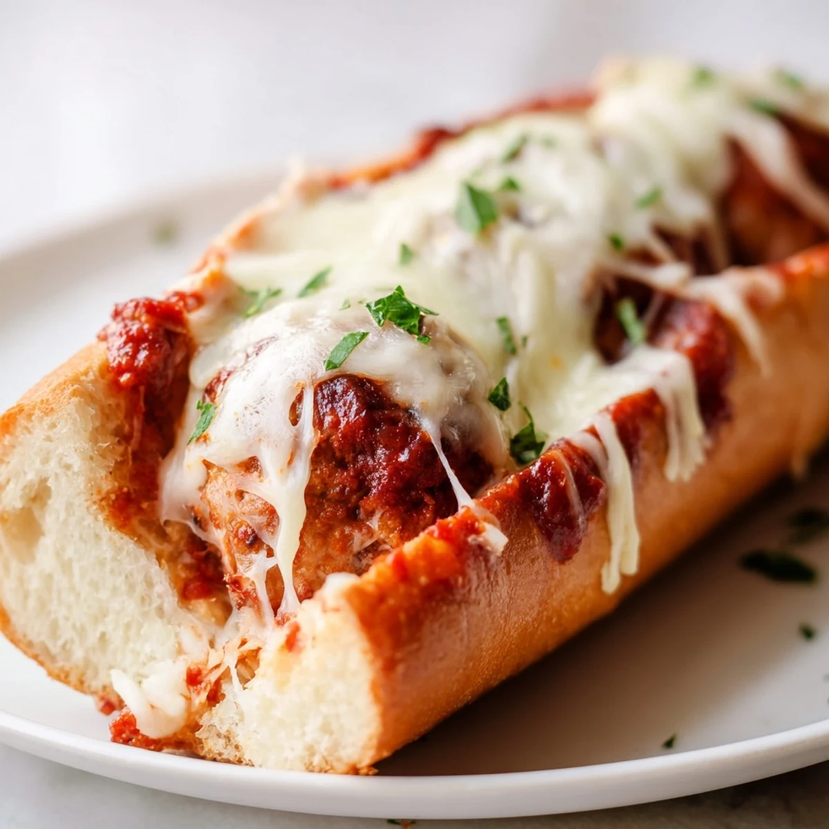 A close-up view of Turkey Meatball Subs with Marinara and Mozzarella showing bubbling mozzarella and rich red sauce on a toasted bun.