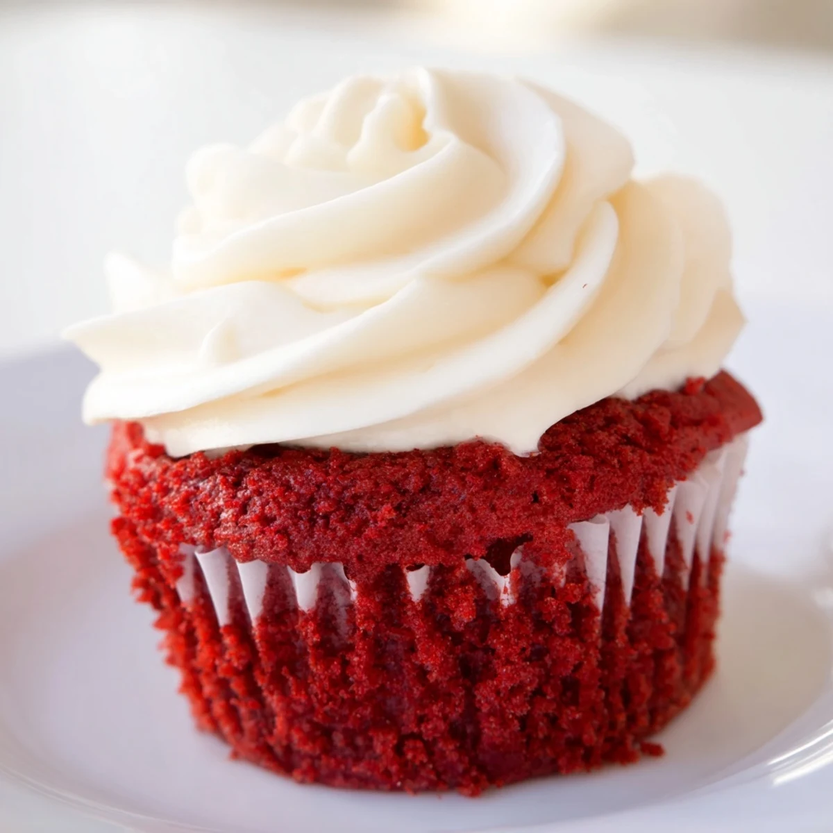 Freshly baked Red Velvet Cupcakes with cream cheese frosting, dusted with cocoa powder and displayed on a white plate.