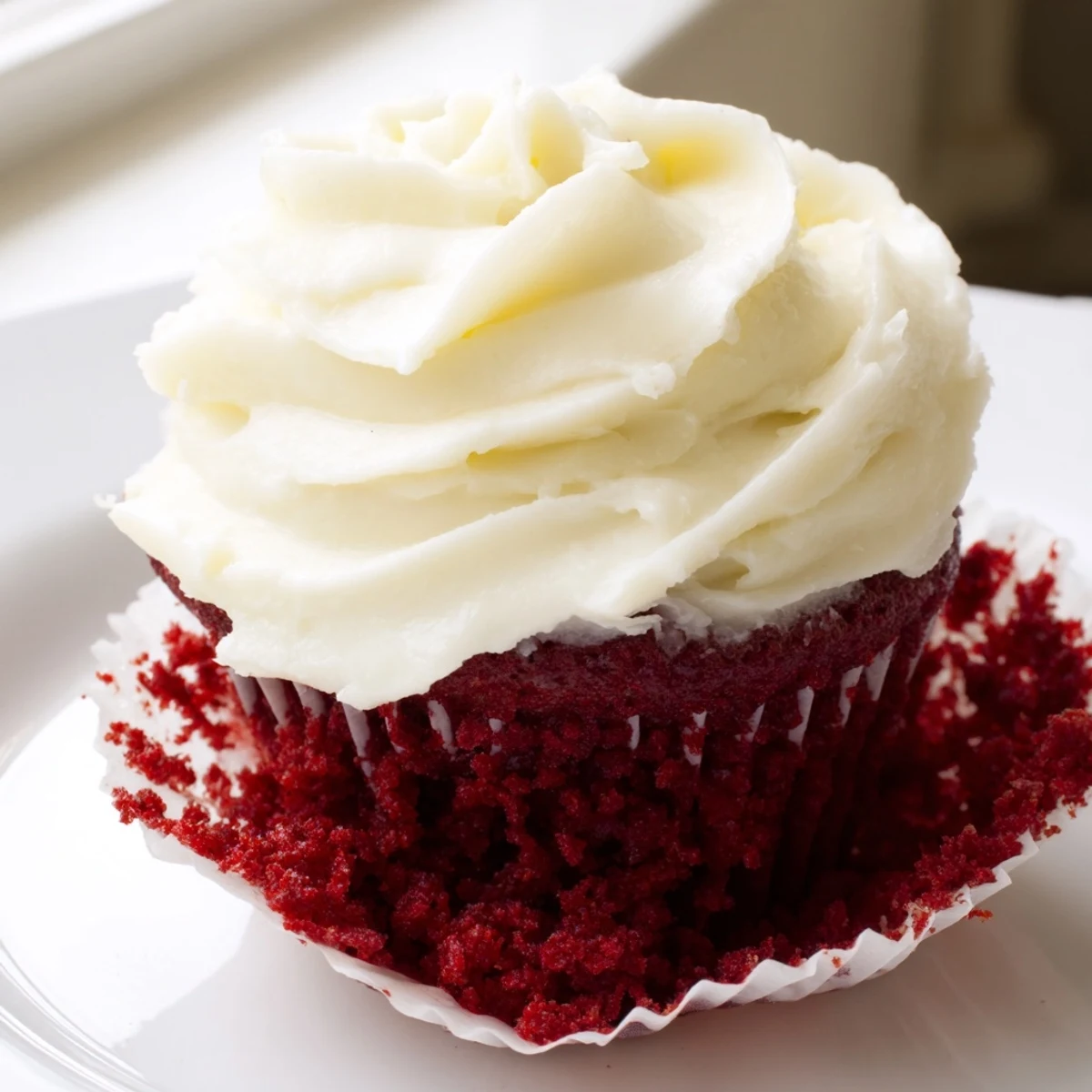 Moist Red Velvet Cupcakes with fluffy cream cheese frosting, ready to serve on a dessert platter with fresh berries.