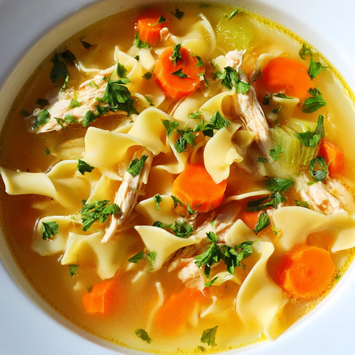 Steaming bowl of Instant Pot Chicken Noodle Soup with Herbs, featuring tender shredded chicken, wide noodles, and fresh parsley garnish.