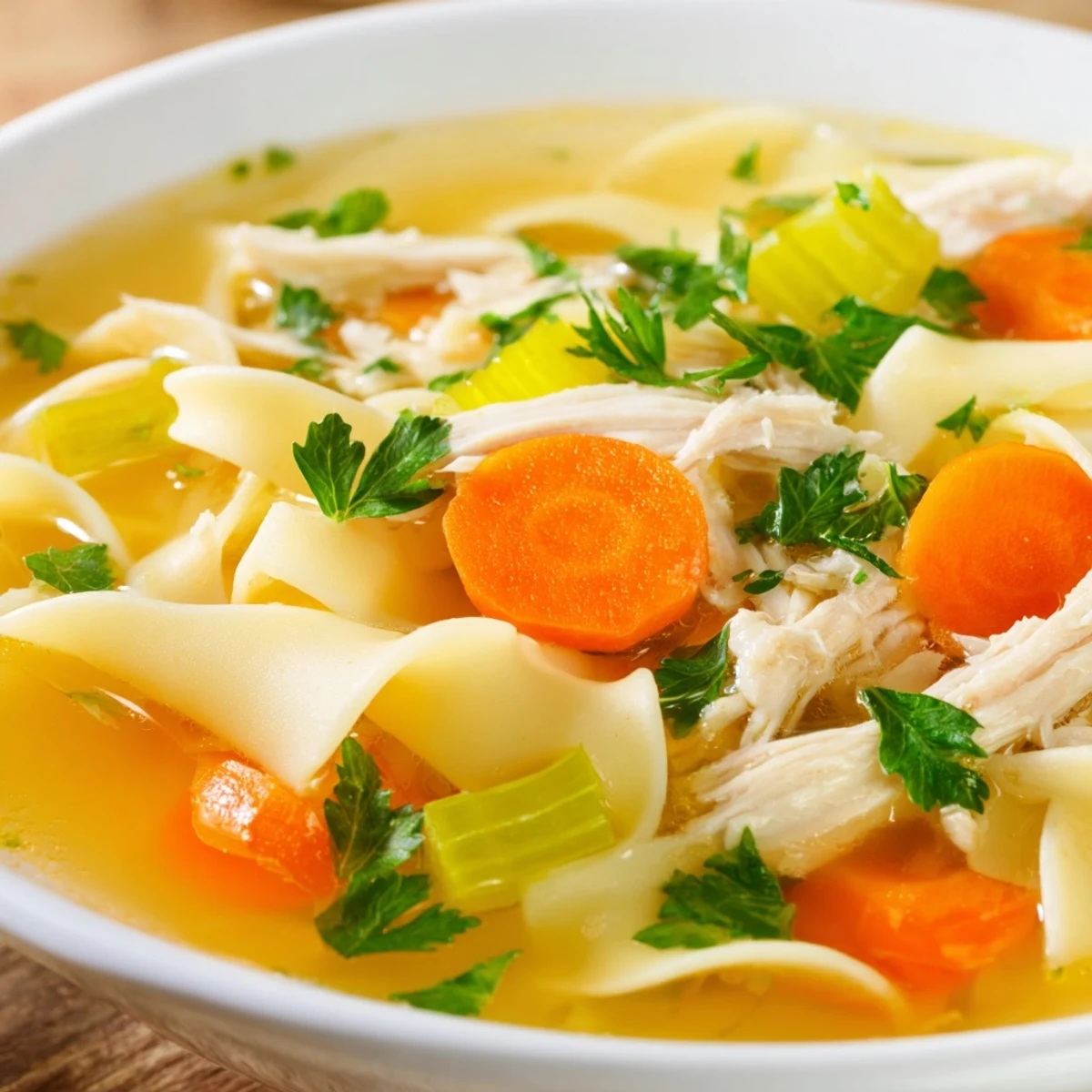 Hearty Instant Pot Chicken Noodle Soup with Herbs served in a rustic bowl, perfect for a cozy family dinner.