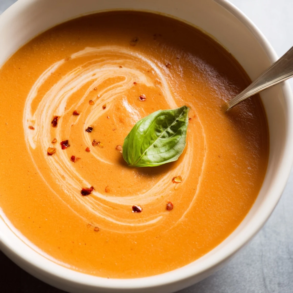 A bowl of Creamy Tomato and Roasted Garlic Bisque with a fresh basil garnish, served next to a crusty piece of bread for dipping.