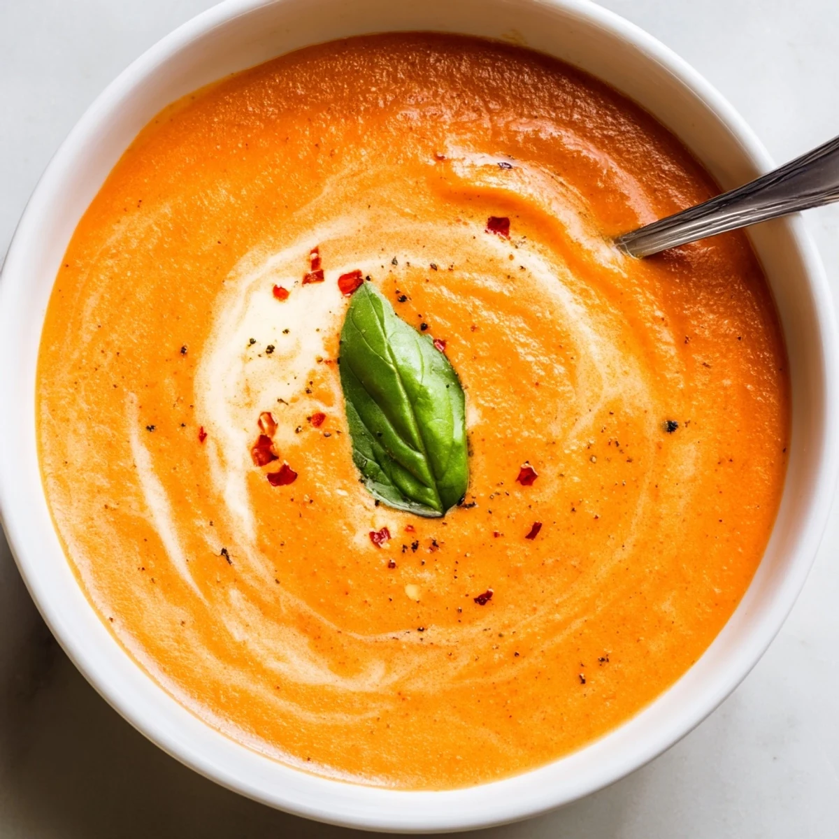 A comforting bowl of Creamy Tomato and Roasted Garlic Bisque, featuring a rich, velvety texture and a vibrant red hue.