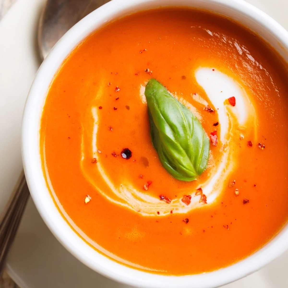 A spoon lifting a serving of Creamy Tomato and Roasted Garlic Bisque from a rustic bowl, highlighting its smooth consistency.