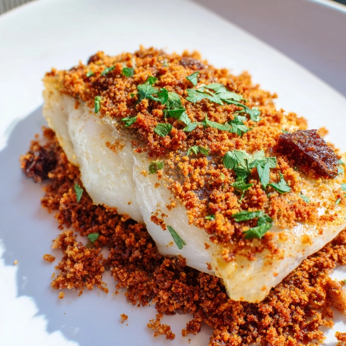 Golden-brown Crispy Skin Hake plated with spicy beef crumb, garnished with lemon wedges for serving.