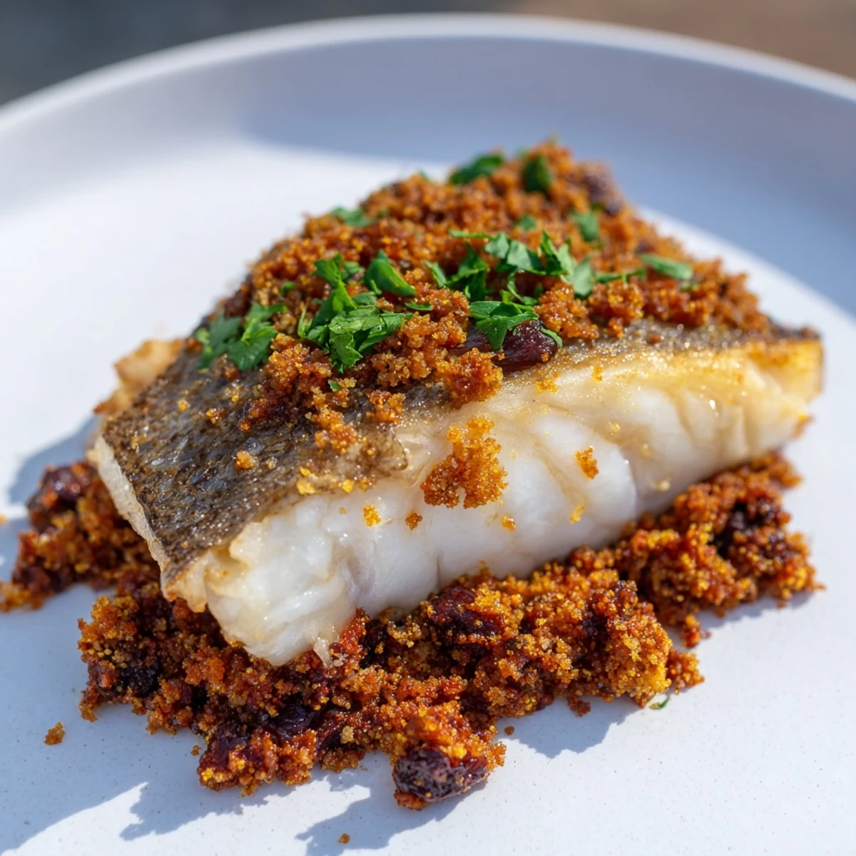 Perfectly seared Crispy Skin Hake fillet topped with smoky chorizo-style beef crumb and fresh parsley.