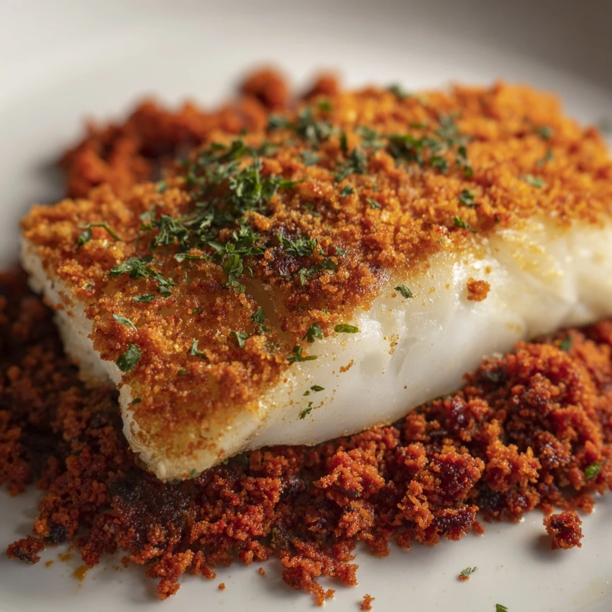 Succulent Crispy Skin Hake with crunchy beef crumb resting on a plate, ready for a delicious dinner.
