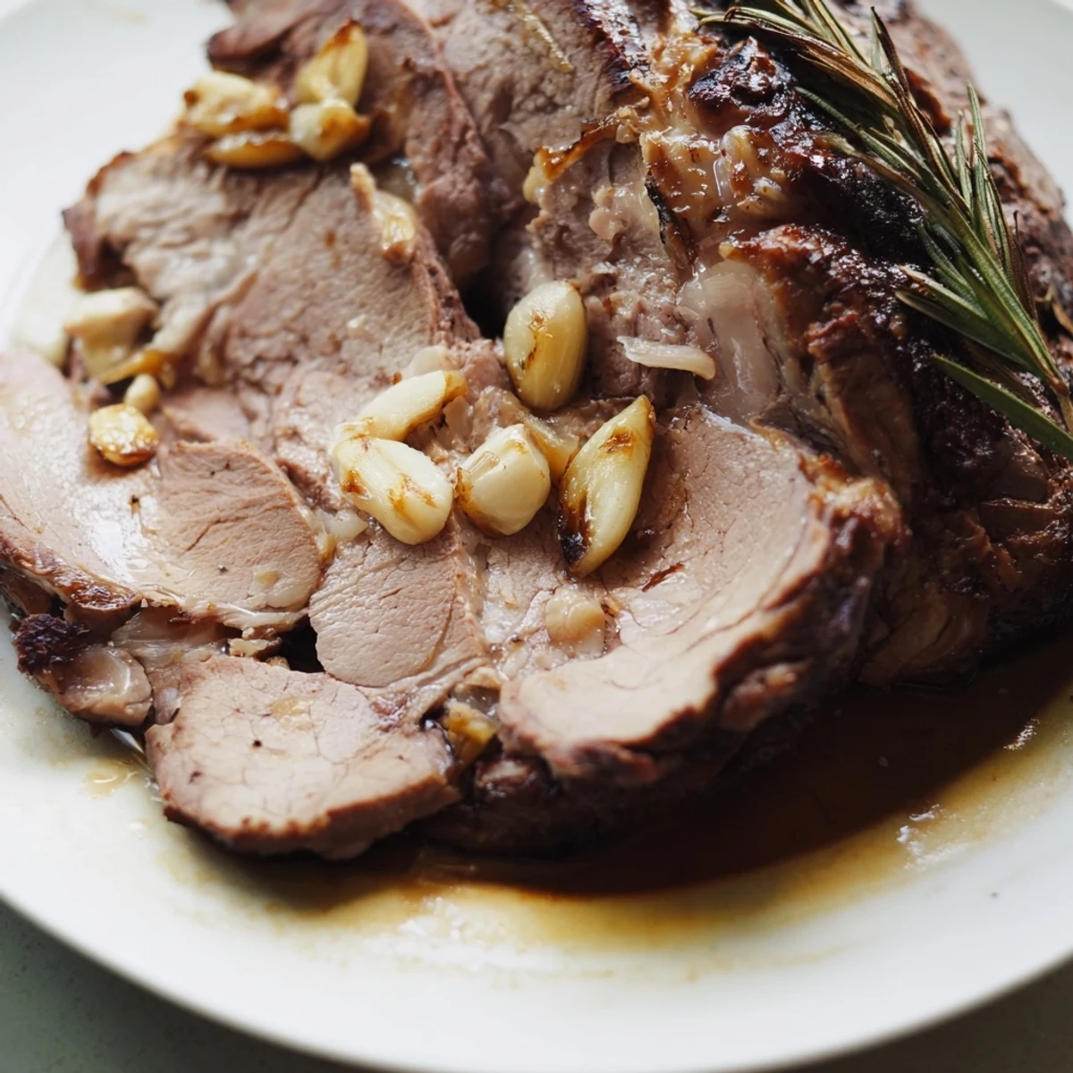 Sliced portions of Slow Roasted Leg of Lamb with Garlic and Lemon are served alongside carrots and potatoes with rich pan juices drizzled over the top.