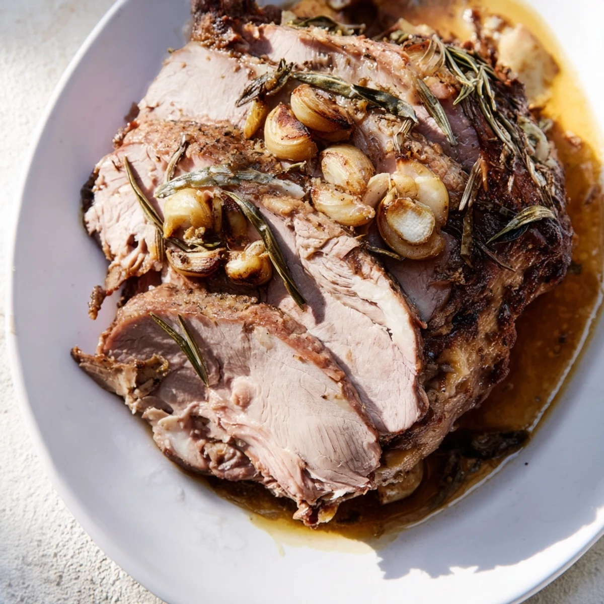 The Slow Roasted Leg of Lamb with Garlic and Lemon reveals juicy meat with caramelized garlic cloves and bright lemon zest for a Mediterranean feast.