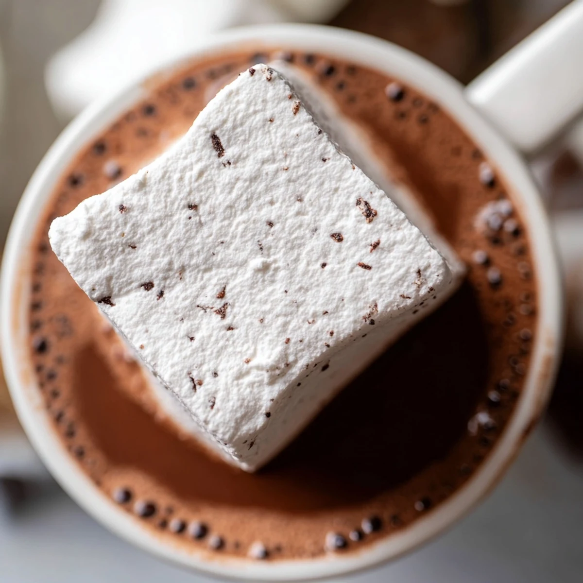 A steaming mug of hot chocolate topped with a fluffy vanilla bean marshmallow floaters and whipped cream.