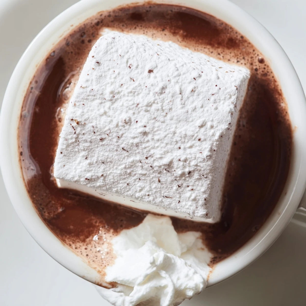 Fluffy vanilla bean marshmallow floaters served on rich hot cocoa, perfect for a sweet treat.