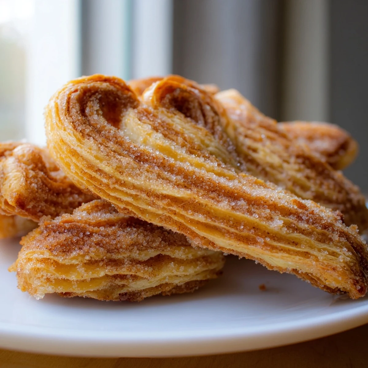 Warm Cinnamon Sugar Puff Pastry Palmiers are served on a white plate next to a steaming mug of black coffee for a cozy breakfast.