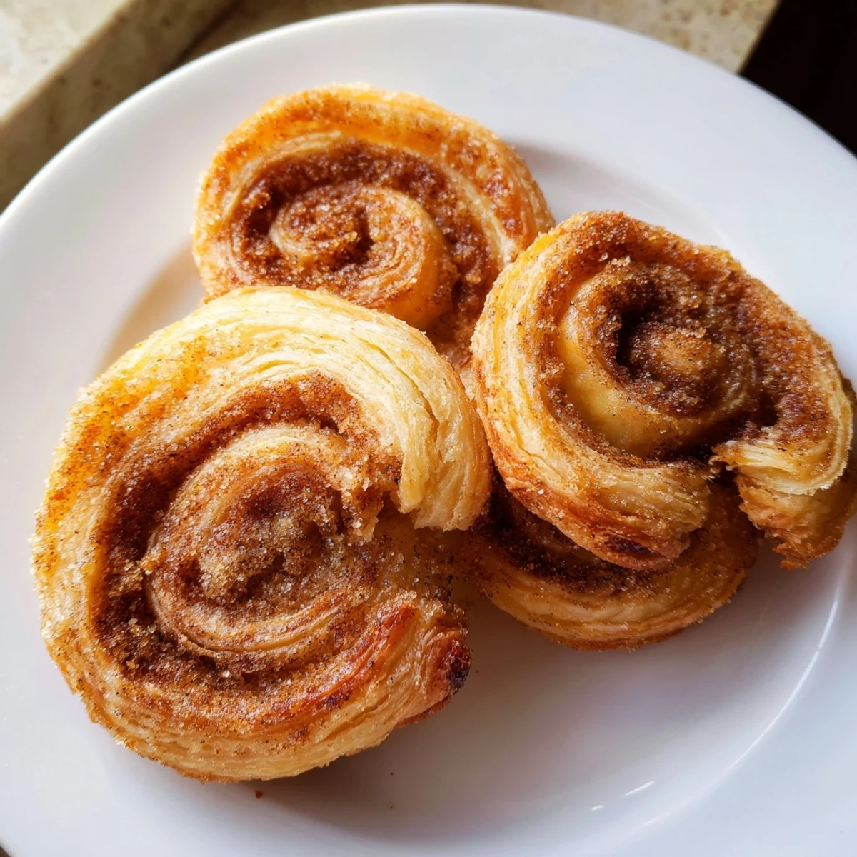 Close-up of a Cinnamon Sugar Puff Pastry Palmier broken in half, revealing the delicate, airy, buttery puff pastry interior and cinnamon specks.