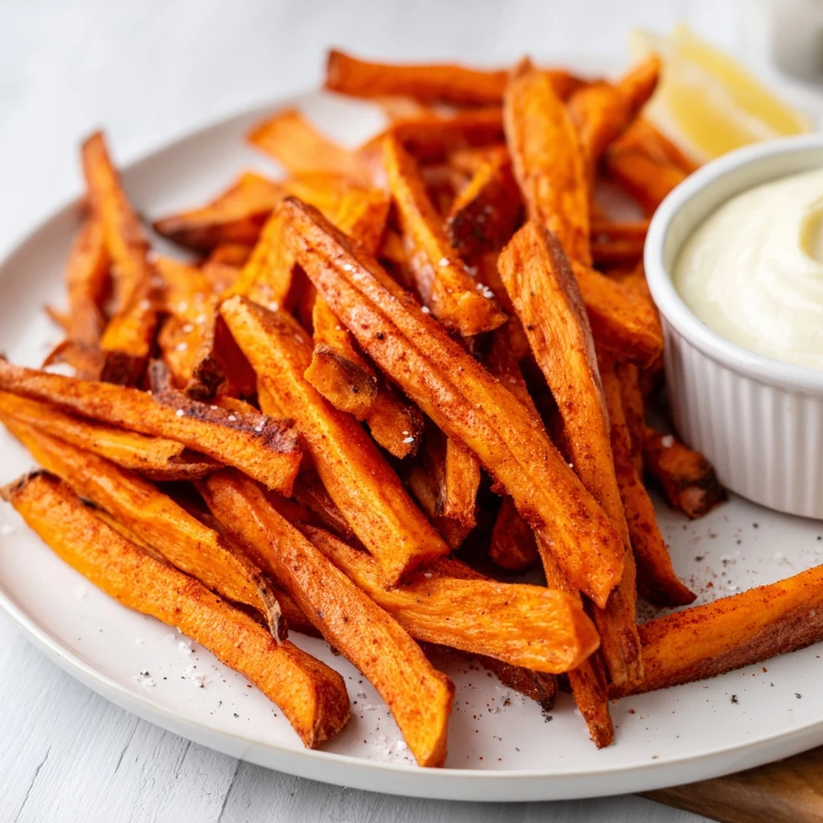 Golden Baked Sweet Potato Fries with Garlic Aioli, served hot and crispy on a rustic plate.