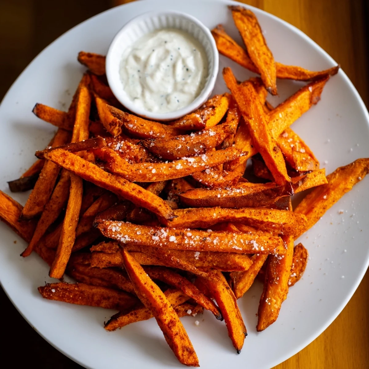 Crunchy Baked Sweet Potato Fries with Garlic Aioli paired with a fresh burger for dinner.