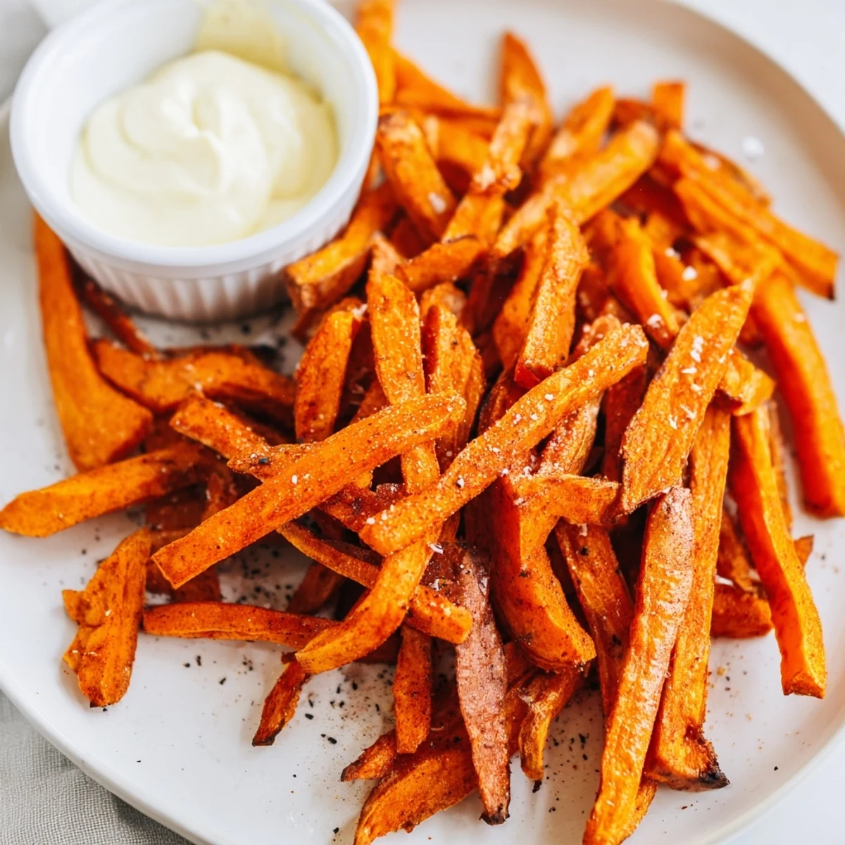 A close-up view of oven-baked sweet potato fries with a creamy garlic aioli dip.