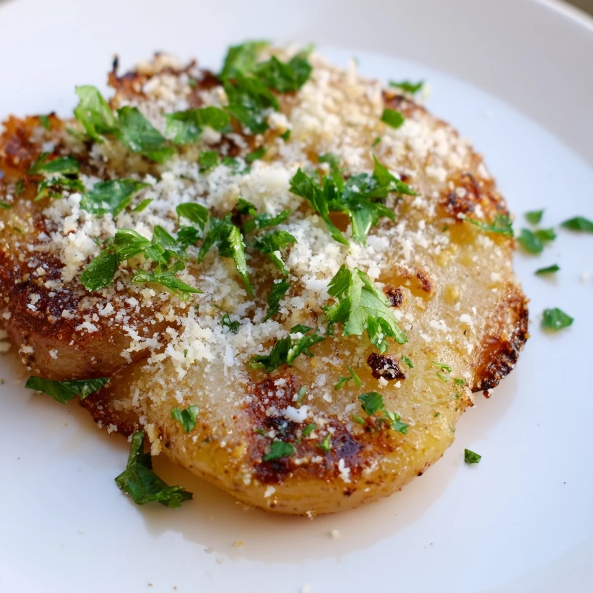Golden brown Garlic Parmesan Smashed Red Potatoes with crispy edges and fluffy centers, garnished with fresh parsley.