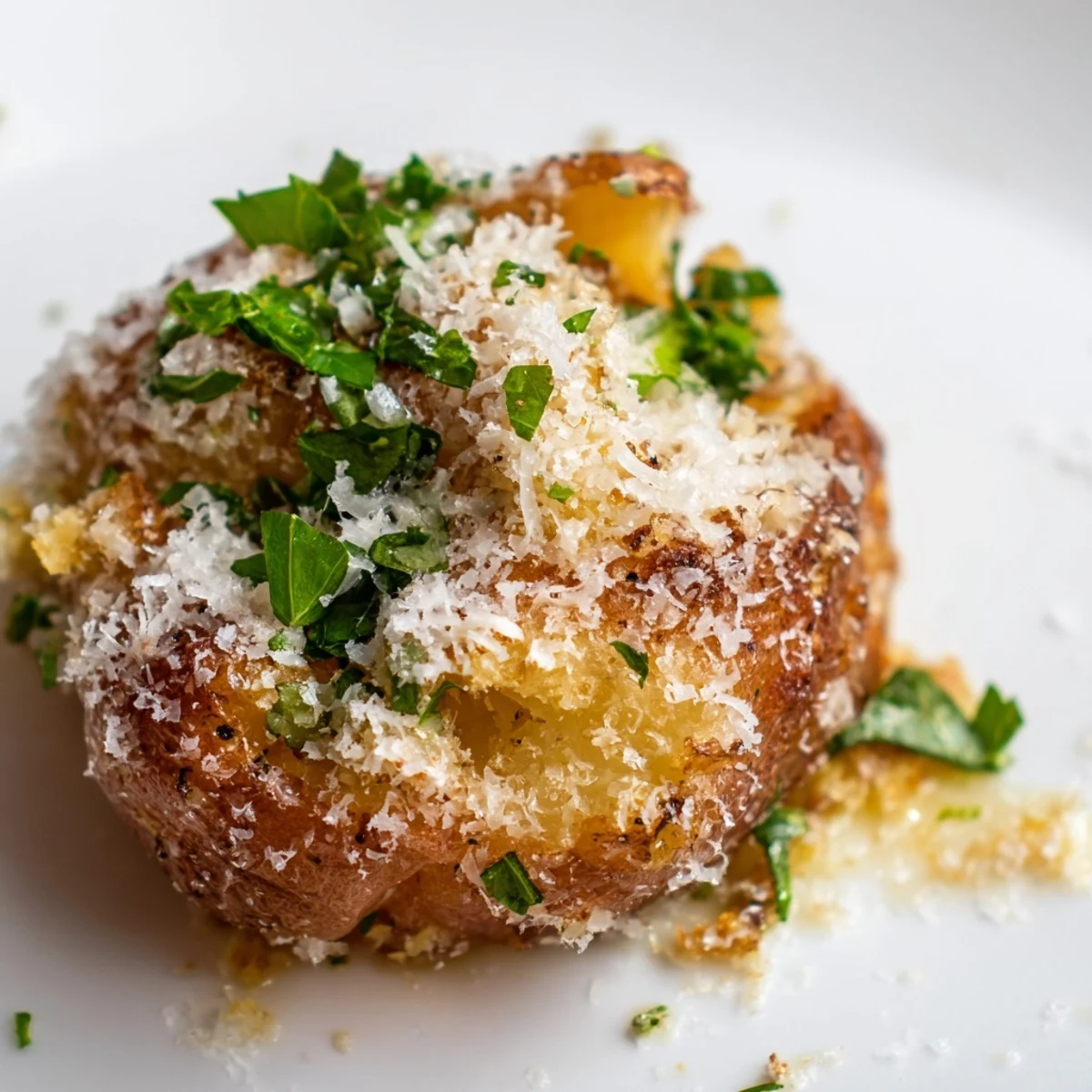 Savory Garlic Parmesan Smashed Red Potatoes roasted until crispy, plated beside grilled chicken for a family dinner.