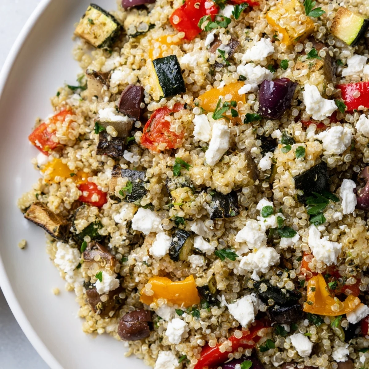 Vibrant Mediterranean Quinoa Salad with Roasted Veggies in a white bowl, topped with crumbled feta and kalamata olives.
