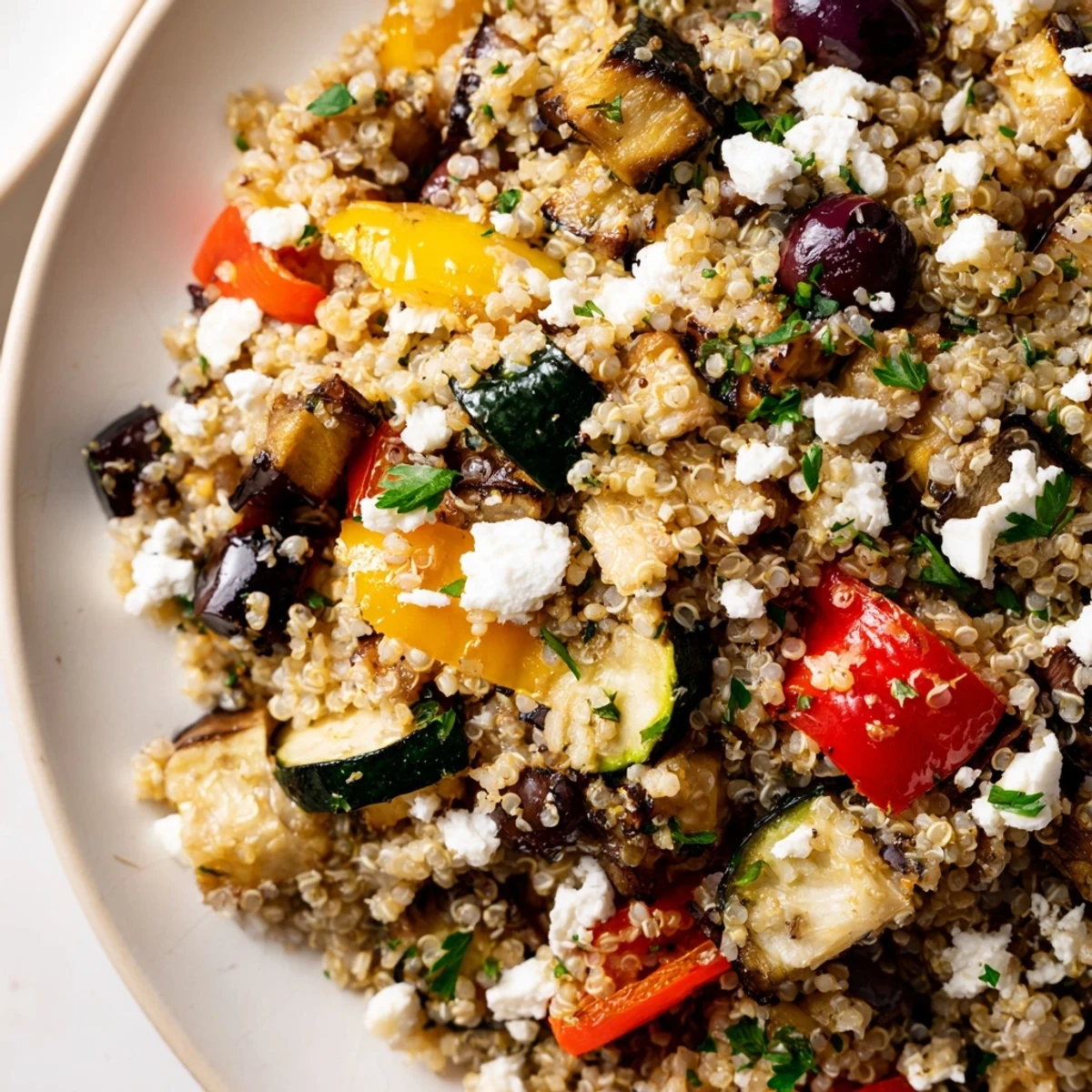 Overhead view of Mediterranean Quinoa Salad with Roasted Veggies, featuring colorful zucchini, peppers, and eggplant on a rustic table.